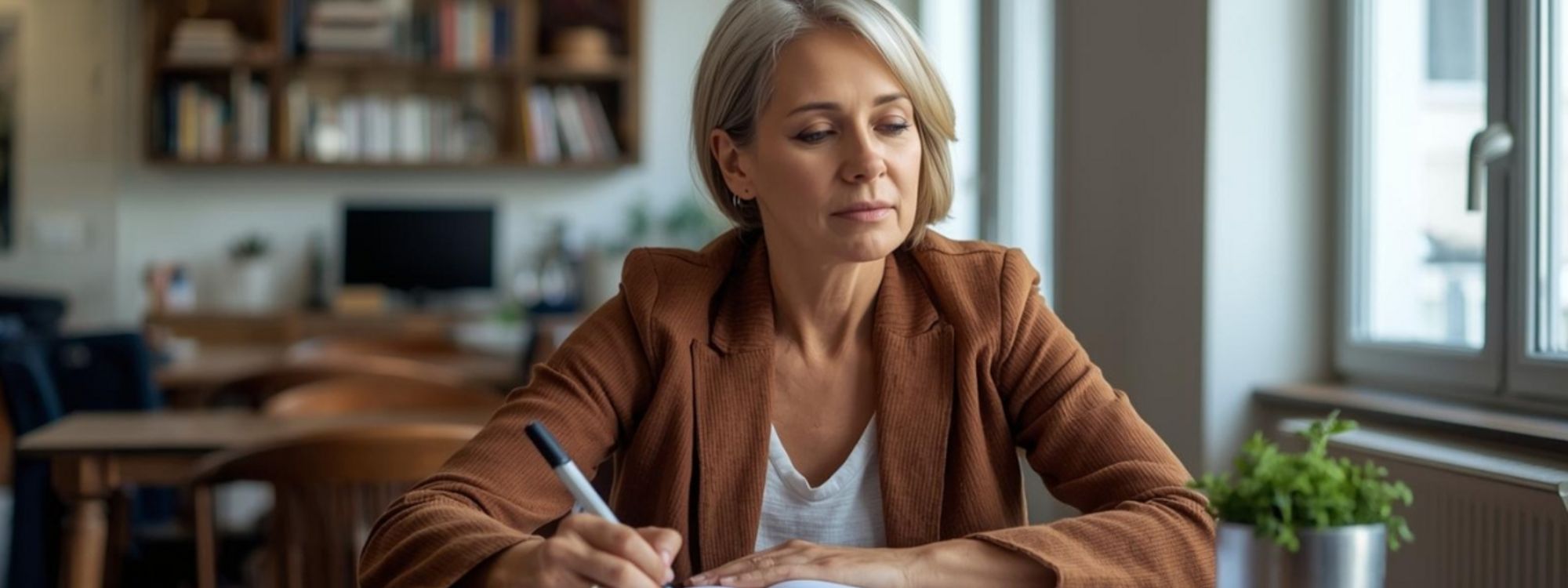 Frau über einem Heft beim Lernen und Schreiben