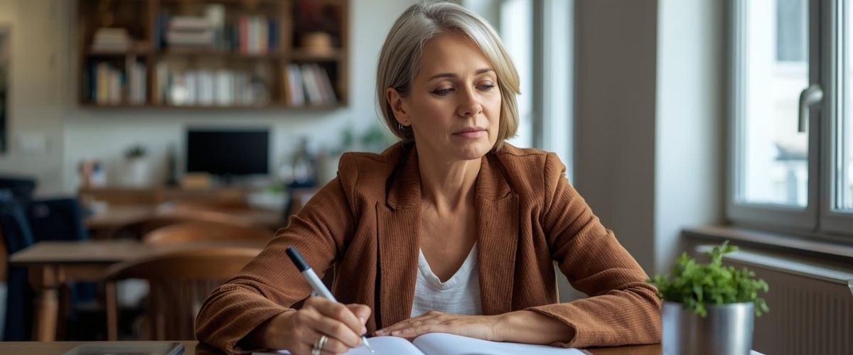 Frau über einem Heft beim Lernen und Schreiben